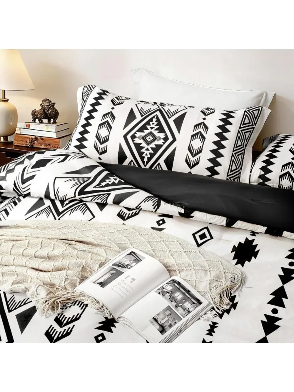 Boho Aztec King Comforter Set - 3 Piece Black White Bedding, Soft Lightweight